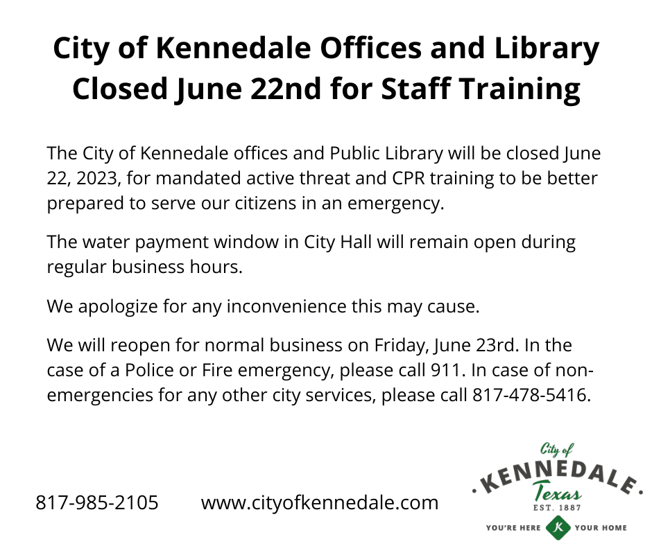 City offices and library closed for staff training June 22